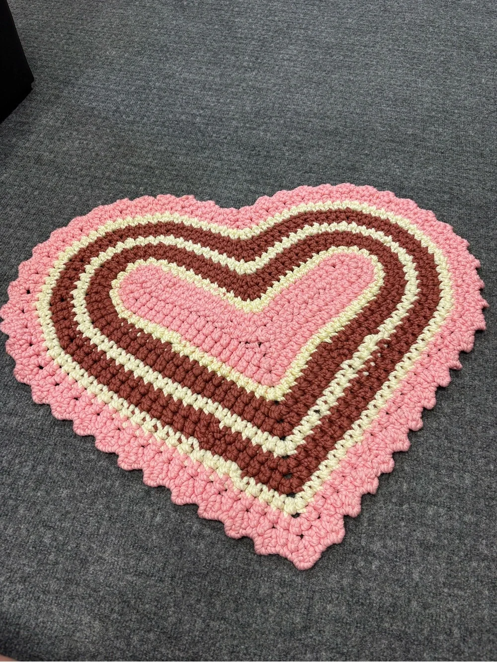 Hand Crafted Heart Crochet Door Mat in Pink, Brown, Cream